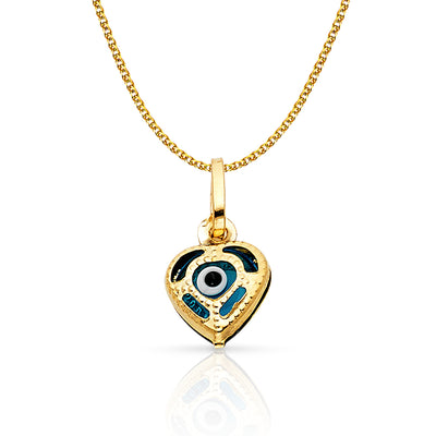 14K Gold Evil Eye Heart Charm Pendant with 1.2mm Flat Open Wheat Chain Necklace