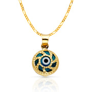 14K Gold Evil Eye Charm Pendant with 1.6mm Figaro 3+1 Chain Necklace