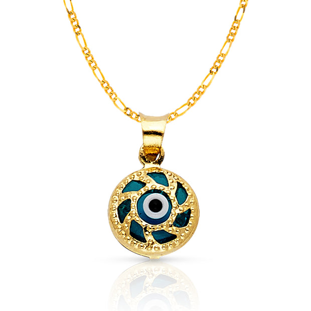 14K Gold Evil Eye Charm Pendant with 1.6mm Figaro 3+1 Chain Necklace