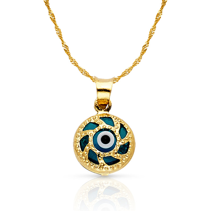 14K Gold Evil Eye Charm Pendant with 0.9mm Singapore Chain Necklace