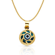 14K Gold Evil Eye Charm Pendant with 1.2mm Flat Open Wheat Chain Necklace