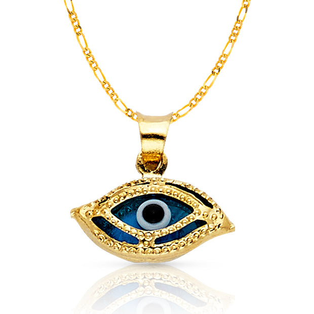 14K Gold Evil Eye Charm Pendant with 1.6mm Figaro 3+1 Chain Necklace