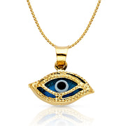 14K Gold Evil Eye Charm Pendant with 1.2mm Flat Open Wheat Chain Necklace