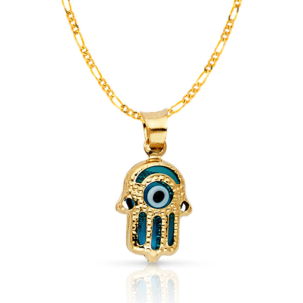 14K Gold Evil Eye Hamsa Charm Pendant with 1.6mm Figaro 3+1 Chain Necklace