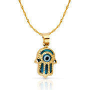 14K Gold Evil Eye Hamsa Charm Pendant with 0.9mm Singapore Chain Necklace