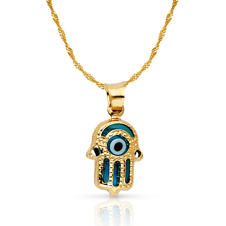 14K Gold Evil Eye Hamsa Charm Pendant with 0.9mm Singapore Chain Necklace