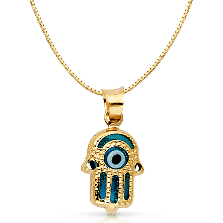 14K Gold Evil Eye Hamsa Charm Pendant with 0.8mm Box Chain Necklace