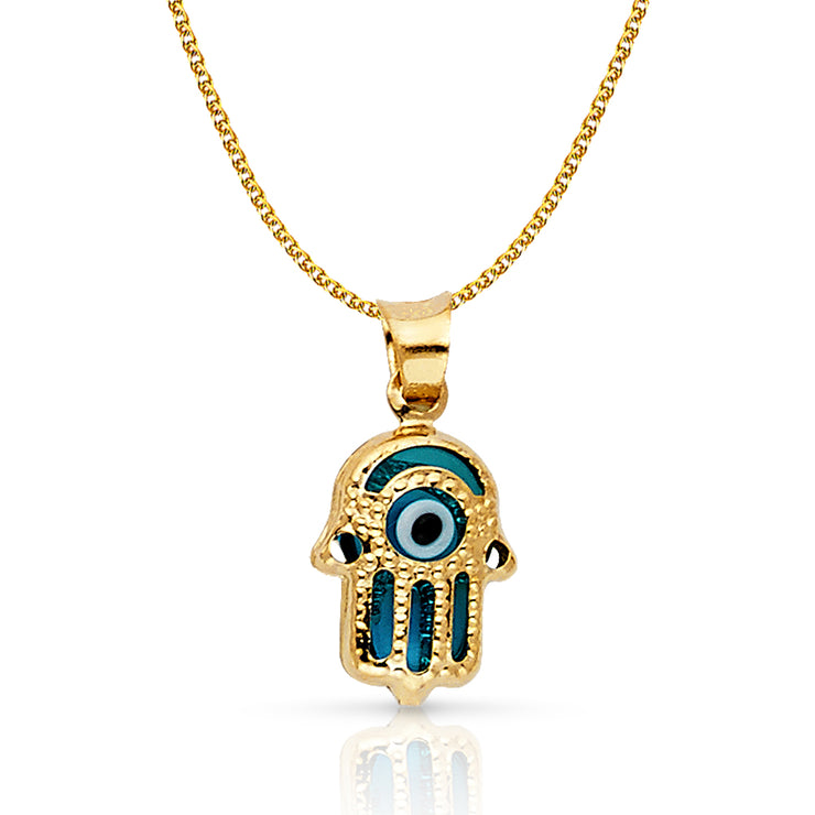 14K Gold Evil Eye Hamsa Charm Pendant with 1.2mm Flat Open Wheat Chain Necklace