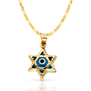 14K Gold Evil Eye Star Charm Pendant with 1.6mm Figaro 3+1 Chain Necklace