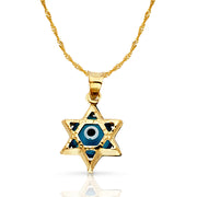 14K Gold Evil Eye Star Charm Pendant with 0.9mm Singapore Chain Necklace