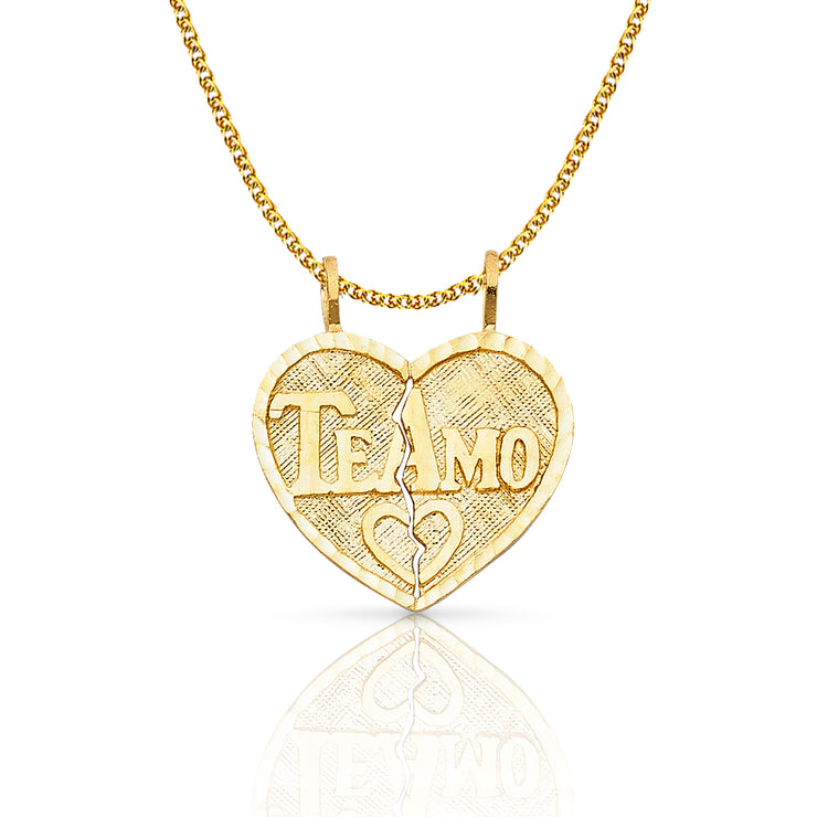 14K Gold Te Amo Heart 2 Piece Charm Pendant with 1.5mm Flat Open Wheat Chain Necklace