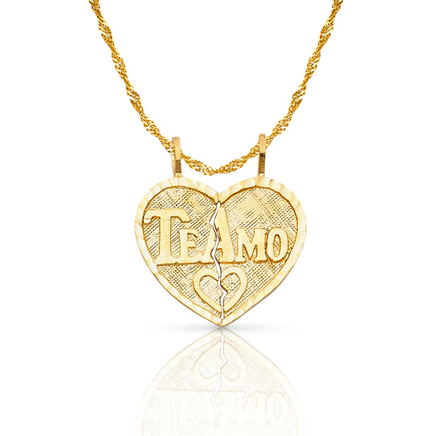 14K Gold Te Amo Heart 2 Piece Charm Pendant with 1.2mm Singapore Chain Necklace