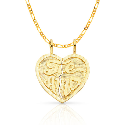 14K Gold Te Amo Heart 2 Piece Charm Pendant with 2.3mm Figaro 3+1 Chain Necklace