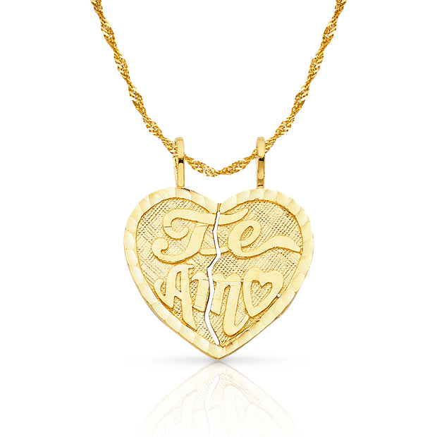 14K Gold Te Amo Heart 2 Piece Charm Pendant with 1.2mm Singapore Chain Necklace