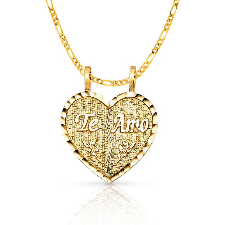 14K Gold Te Amo Heart 2 Piece Charm Pendant with 2.3mm Figaro 3+1 Chain Necklace