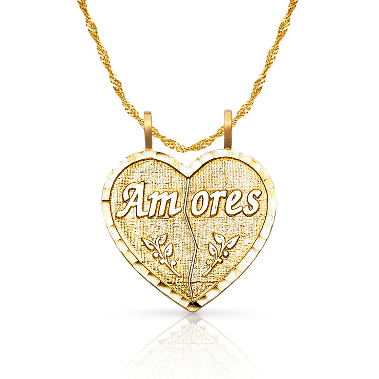 14K Gold Te Amo Heart 2 Piece Charm Pendant with 1.2mm Singapore Chain Necklace