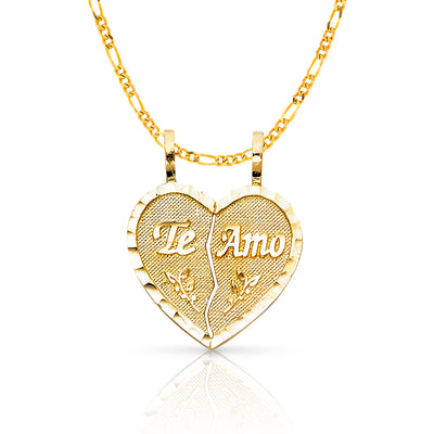 14K Gold Te Amo Heart 2 Piece Charm Pendant with 2mm Figaro 3+1 Chain Necklace