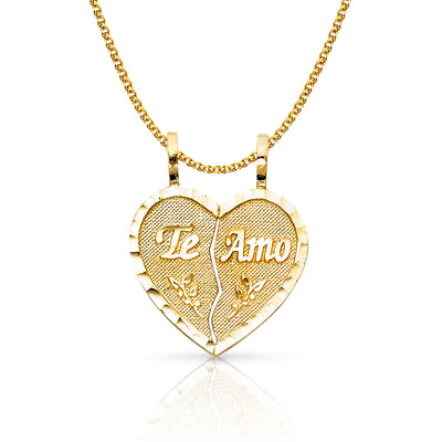 14K Gold Te Amo Heart 2 Piece Charm Pendant with 1.2mm Flat Open Wheat Chain Necklace