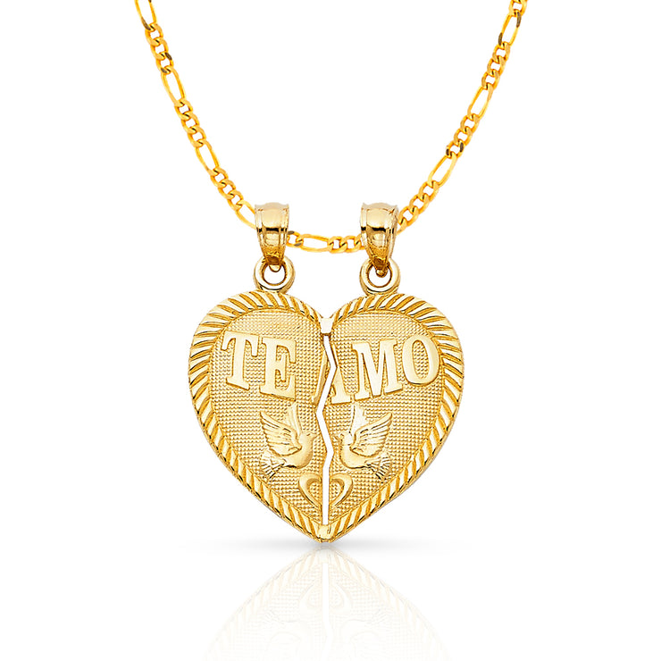 14K Gold Te Amo Heart 2 Piece Charm Pendant with 2.3mm Figaro 3+1 Chain Necklace