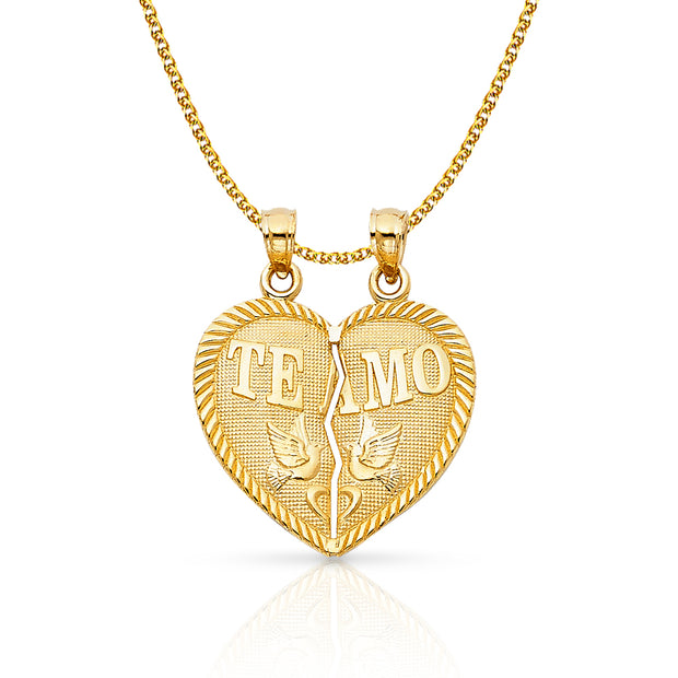 14K Gold Te Amo Heart 2 Piece Charm Pendant with 1.5mm Flat Open Wheat Chain Necklace