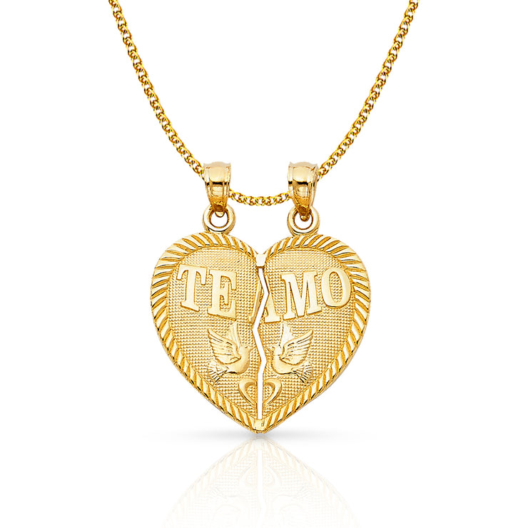 14K Gold Te Amo Heart 2 Piece Charm Pendant with 1.5mm Flat Open Wheat Chain Necklace