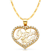 14K Gold CZ I Love You Heart Charm Pendant with 2mm Figaro 3+1 Chain Necklace