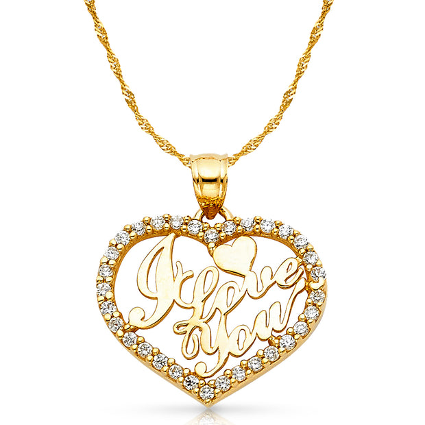 14K Gold CZ I Love You Heart Charm Pendant with 1.2mm Singapore Chain Necklace
