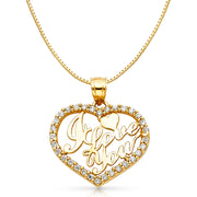 14K Gold CZ I Love You Heart Charm Pendant with 0.8mm Box Chain Necklace