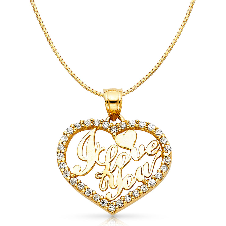 14K Gold CZ I Love You Heart Charm Pendant with 0.8mm Box Chain Necklace