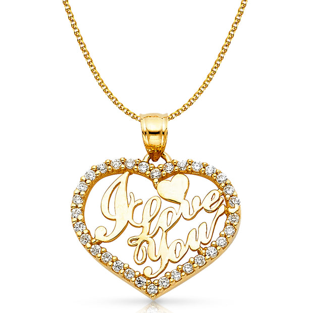 14K Gold CZ I Love You Heart Charm Pendant with 1.2mm Flat Open Wheat Chain Necklace