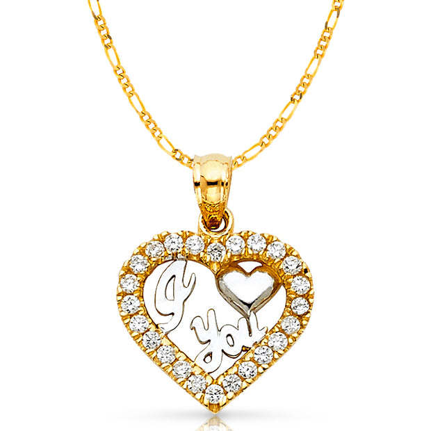 14K Gold CZ I Love You Heart Charm Pendant with 1.6mm Figaro 3+1 Chain Necklace