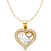 14K Gold CZ I Love You Heart Charm Pendant with 0.8mm Box Chain Necklace