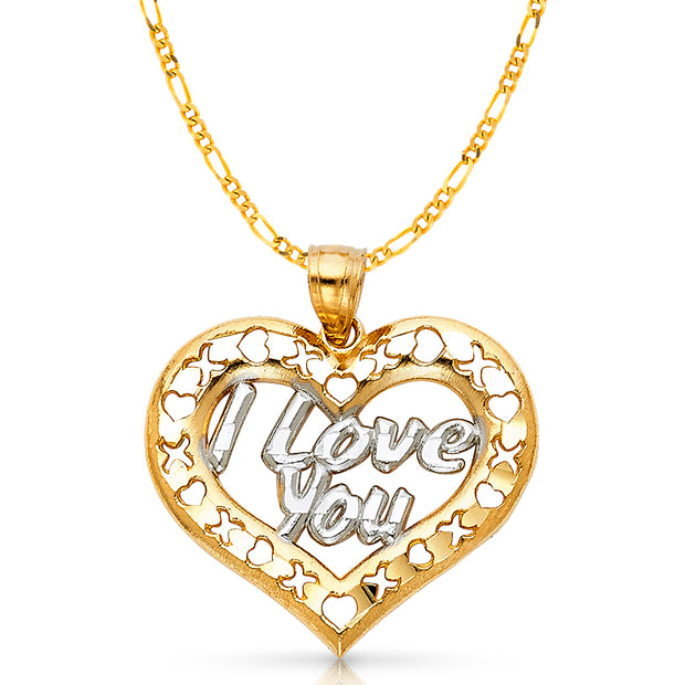 14K Gold I Love You Heart Charm Pendant with 2.3mm Figaro 3+1 Chain Necklace