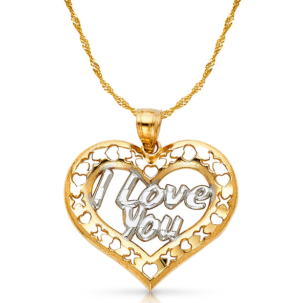 14K Gold I Love You Heart Charm Pendant with 1.2mm Singapore Chain Necklace