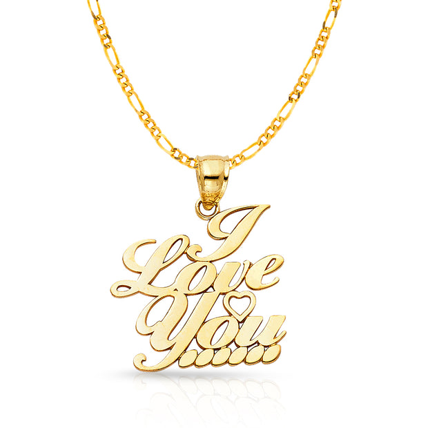 14K Gold I Love You Heart Charm Pendant with 2.3mm Figaro 3+1 Chain Necklace