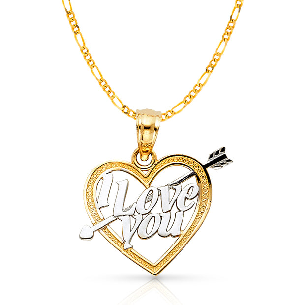 14K Gold I Love You Heart Charm Pendant with 1.6mm Figaro 3+1 Chain Necklace