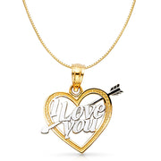 14K Gold I Love You Heart Charm Pendant with 0.8mm Box Chain Necklace