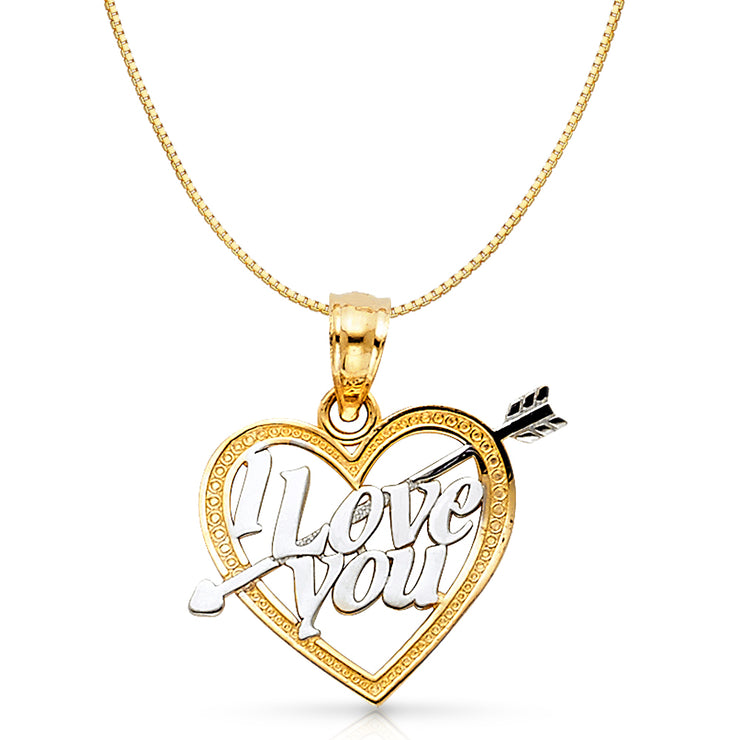 14K Gold I Love You Heart Charm Pendant with 0.8mm Box Chain Necklace