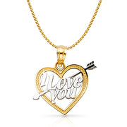 14K Gold I Love You Heart Charm Pendant with 1.2mm Flat Open Wheat Chain Necklace