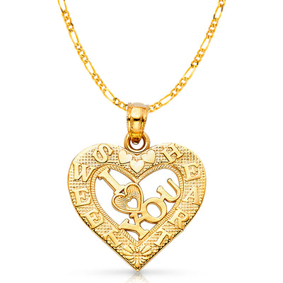 14K Gold I Love You Heart Charm Pendant with 2.3mm Figaro 3+1 Chain Necklace