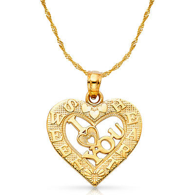 14K Gold I Love You Heart Charm Pendant with 1.2mm Singapore Chain Necklace