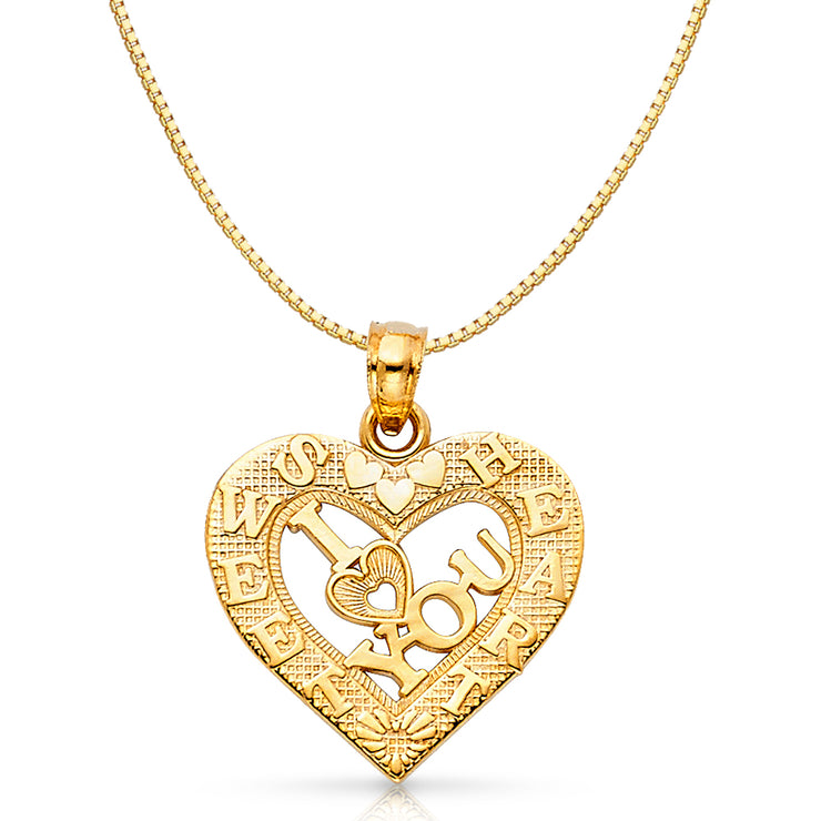 14K Gold I Love You Heart Charm Pendant with 0.8mm Box Chain Necklace