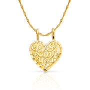 14K Gold I Love You Heart Charm Pendant with 1.2mm Singapore Chain Necklace