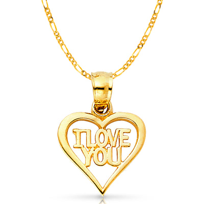14K Gold I Love You Heart Charm Pendant with 1.6mm Figaro 3+1 Chain Necklace