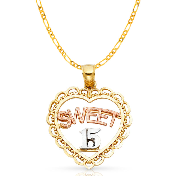 14K Gold Quinceanera Heart Pendant with 2.3mm Figaro 3+1 Chain