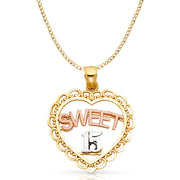 14K Gold Quinceanera Heart Pendant with 2.3mm Hollow Cuban Chain