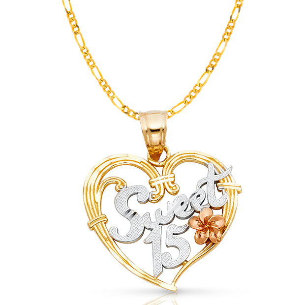 14K Gold Quinceanera Heart Pendant with 2.3mm Figaro 3+1 Chain