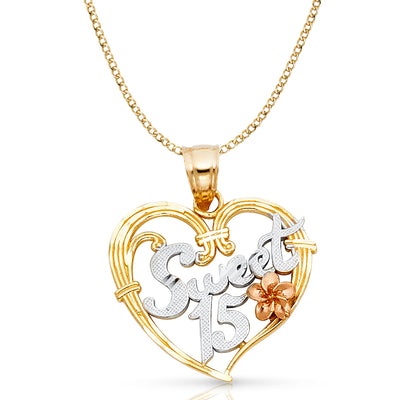 14K Gold Quinceanera Heart Pendant with 2.3mm Hollow Cuban Chain