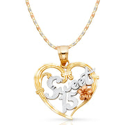 14K Gold Quinceanera Heart Pendant with 2.6mm Valentino Star Chain