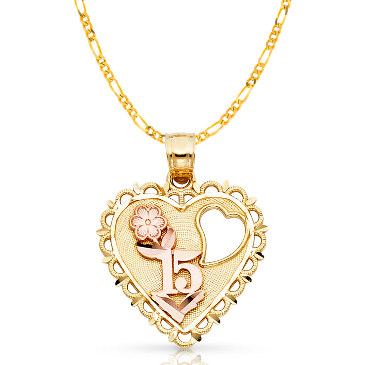 14K Gold Quinceanera Heart Pendant with 2.3mm Figaro 3+1 Chain